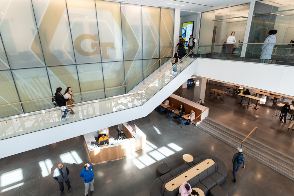 inside George and Scheller tower showing a wall with a big GT logo