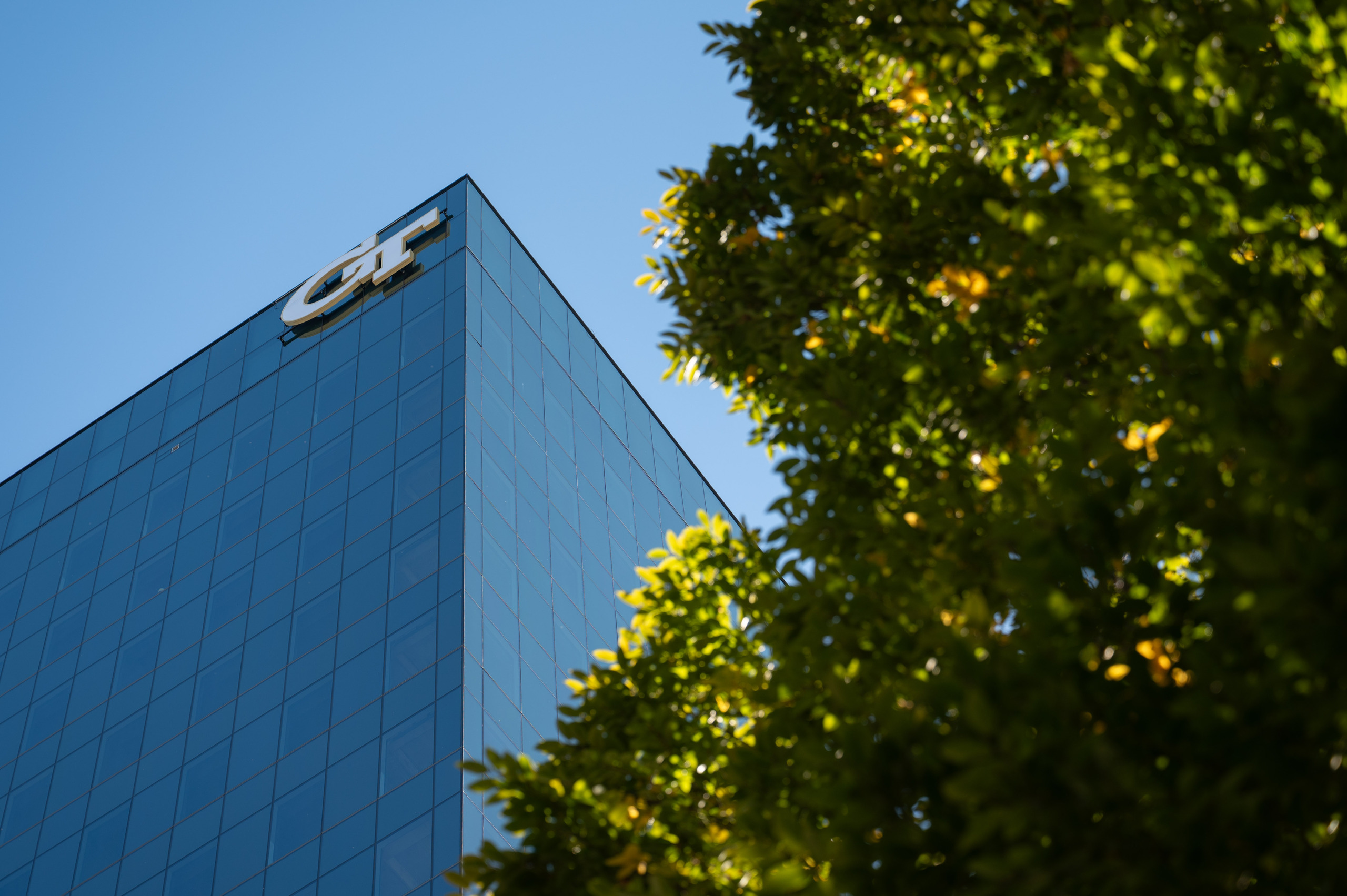 corner of George Tower with the GT logo and trees on the right