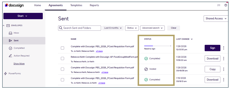 DocuSign Status screenshot